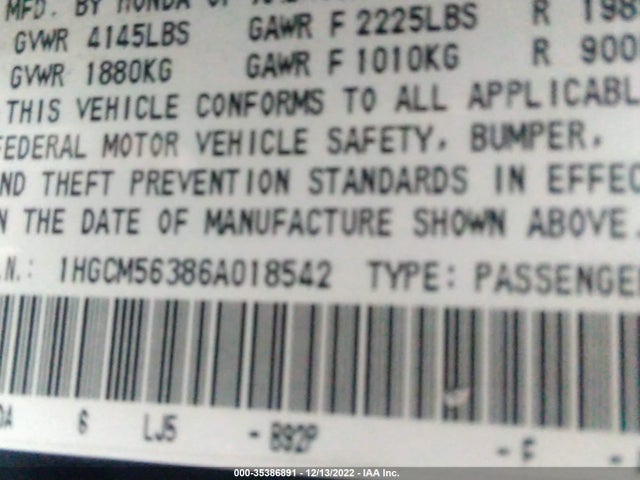 2006 HONDA ACCORD SDN LX SE VIN: 1HGCM56386A018542