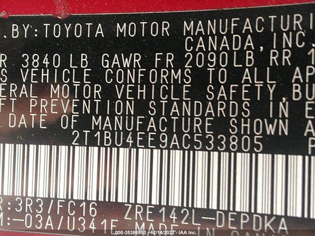 2010 TOYOTA COROLLA VIN: 2T1BU4EE9AC533805
