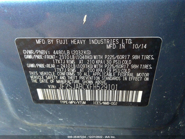 2015 SUBARU FORESTER 2.5I VIN: JF2SJABCXFH529101