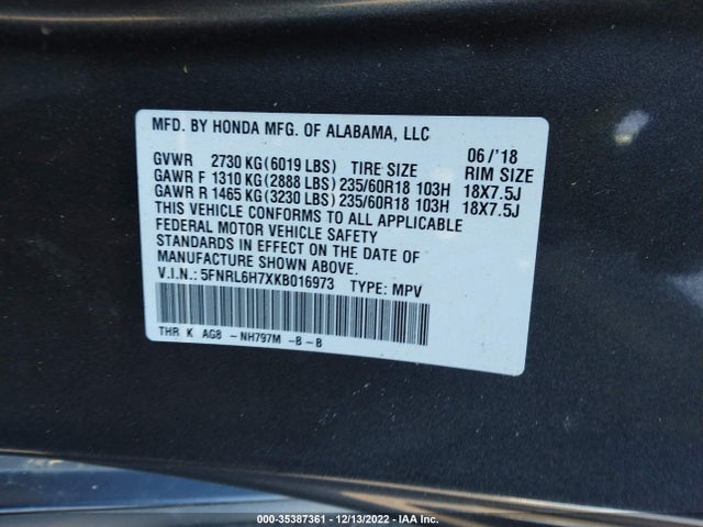 2019 HONDA ODYSSEY EX-L VIN: 5FNRL6H7XKB016973