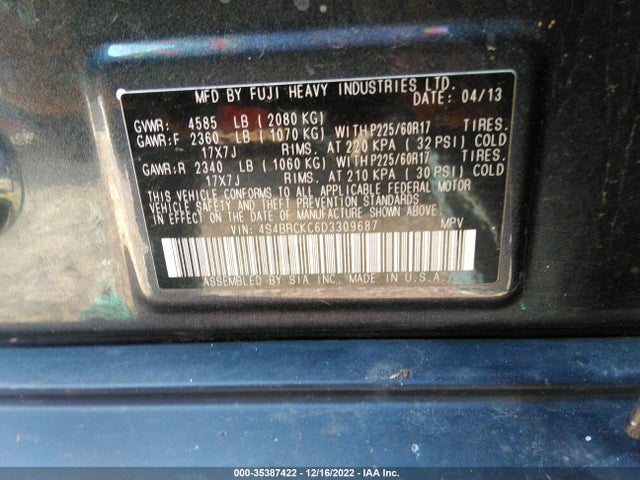 2013 SUBARU OUTBACK 2.5I LIMITED VIN: 4S4BRCKC6D3309687