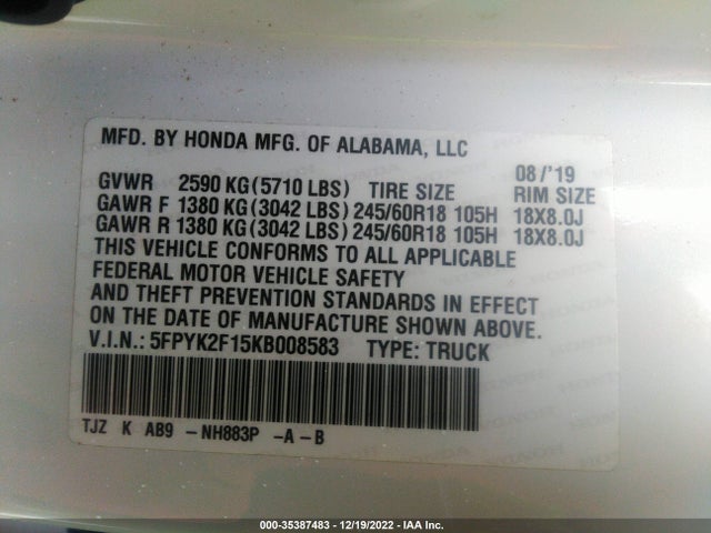 Honda Ridgeline Sport 2019 5FPYK2F15KB008583 Image 9