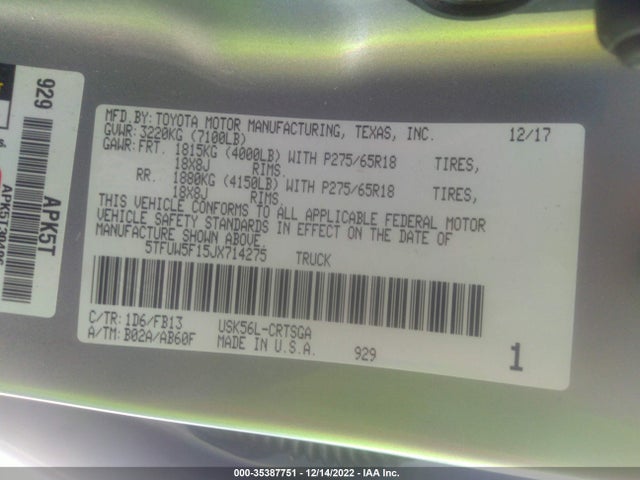 2018 Toyota Tundra, VIN: 5TFUW5F15JX714275