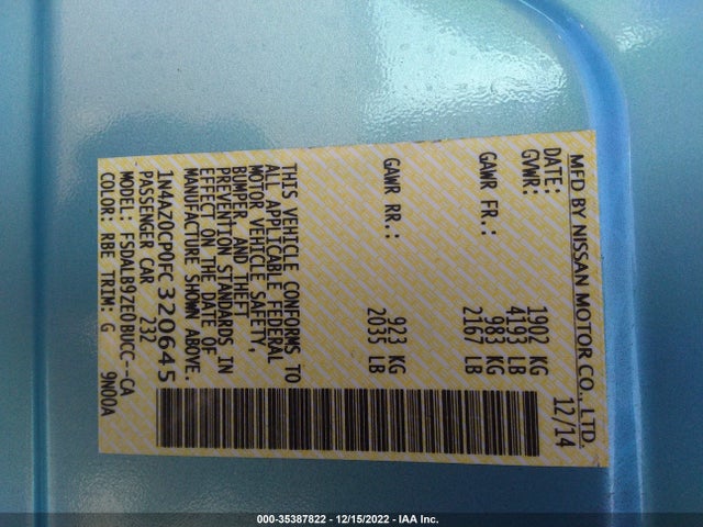 2015 Nissan Leaf, VIN: 1N4AZ0CP0FC320645