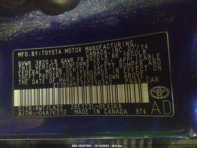 2014 TOYOTA COROLLA L/LE/S/S PLUS/LE PLUS VIN: 2T1BURHE1EC216342