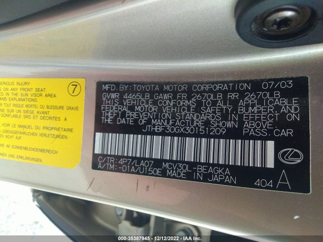 Lexus ES 300 2003 JTHBF30GX30151209 Image 10