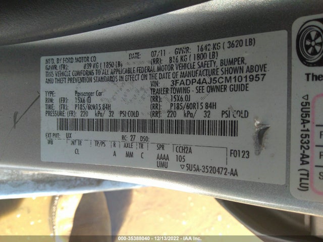 2012 FORD FIESTA S VIN: 3FADP4AJ5CM101957