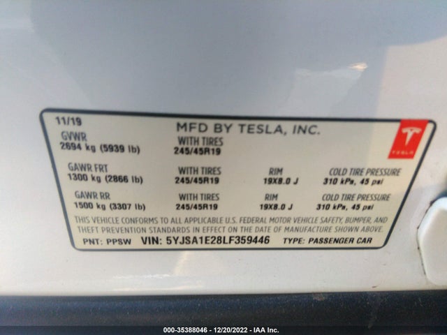 Tesla MODEL S 2020 5YJSA1E28LF359446 Image 10