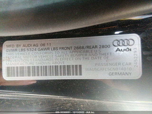 2012 AUDI A7 3.0 PREMIUM PLUS VIN: WAUSGAFC5CN014010