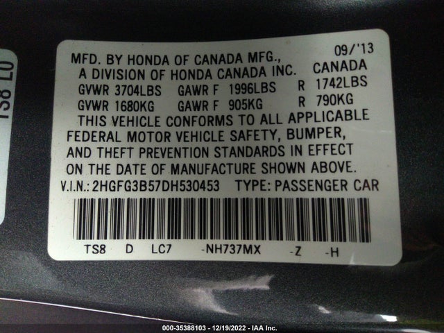 2013 HONDA CIVIC CPE LX VIN: 2HGFG3B57DH530453