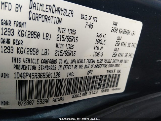 2006 DODGE CARAVAN SXT VIN: 1D4GP45R36B501120