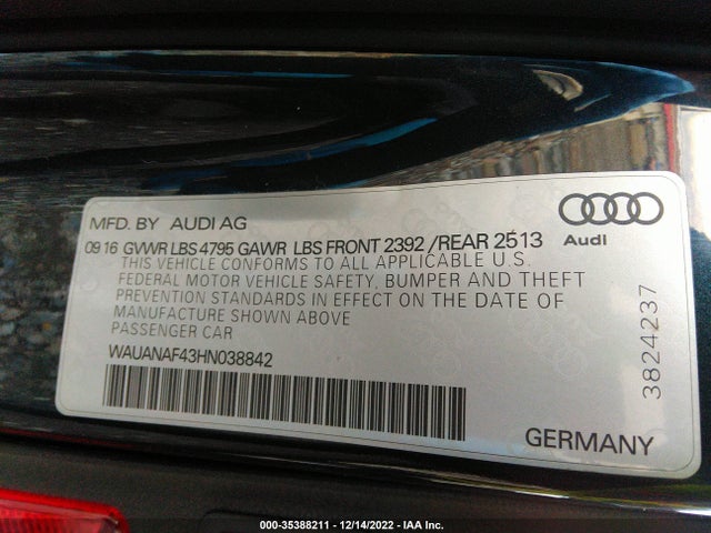 2017 Audi A4, VIN: WAUANAF43HN038842
