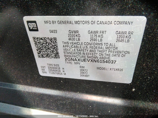 Chevrolet EQUINOX LT 2022 2GNAXUEVXN6154037 Image 9