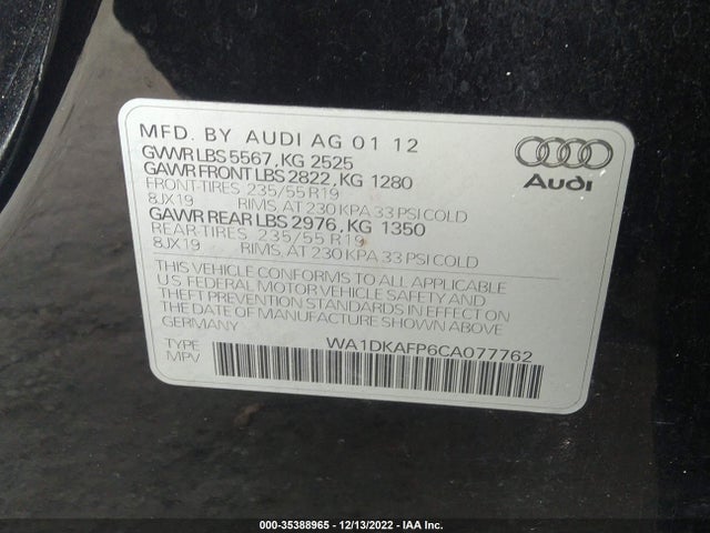 2012 AUDI Q5 3.2L PREMIUM PLUS VIN: WA1DKAFP6CA077762
