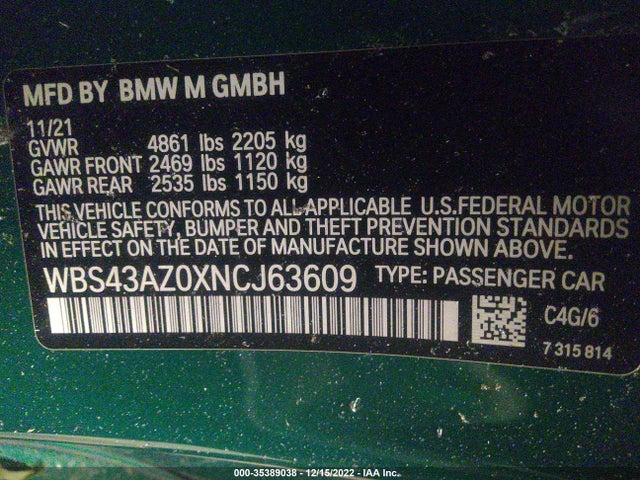 2022 BMW M4, VIN: WBS43AZ0XNCJ63609