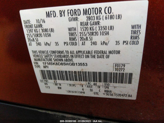 Ford EXPLORER XLT 2017 1FM5K8D85HGB13553 Image 9
