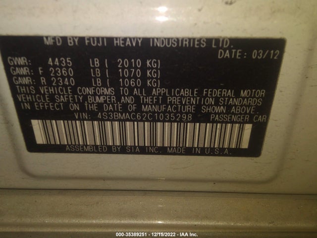 2012 SUBARU LEGACY 2.5I PREMIUM VIN: 4S3BMAC62C1035298