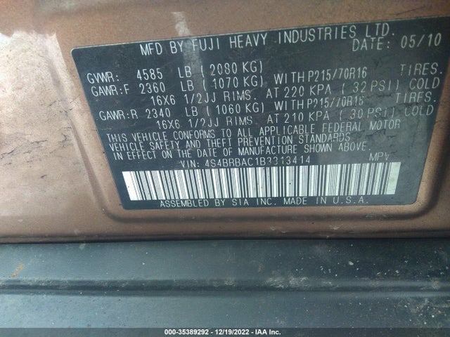 Subaru Outback 2.5i 2011 4S4BRBAC1B3313414 Image 9