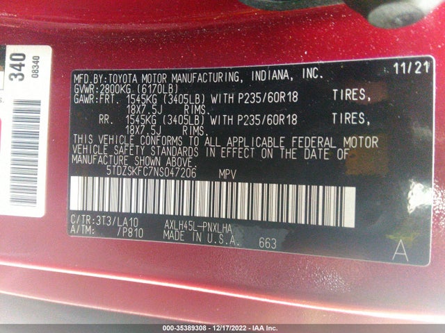 2022 Toyota Sienna, VIN: 5TDZSKFC7NS047206