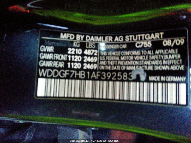 2010 MERCEDES-BENZ C-CLASS C 63 AMG VIN: WDDGF7HB1AF392583