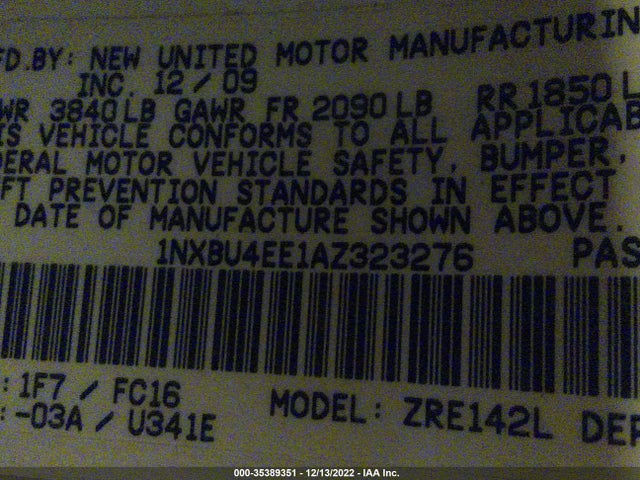 35389351 :رقم المزاد ، 1NXBU4EE1AZ323276 vin ، 2010 Toyota Corolla مزاد بيع