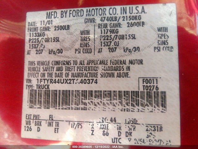 2002 FORD RANGER XL FLEET VIN: 1FTYR44UX2TA40374