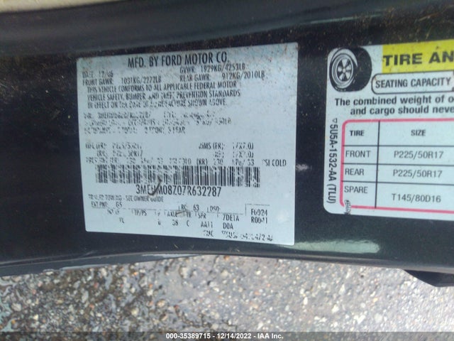 2007 MERCURY MILAN PREMIER VIN: 3MEHM08Z07R632287
