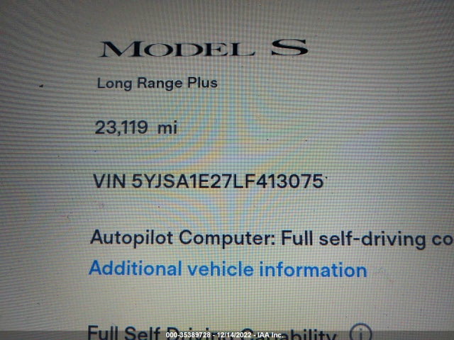 2020 Tesla Model S, VIN: 5YJSA1E27LF413075