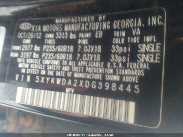 2013 KIA SORENTO SX VIN: 5XYKWDA2XDG398445