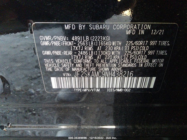 2022 Subaru Forester, VIN: JF2SKAMC9NH438216