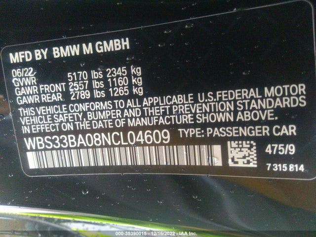 2022 BMW M4, VIN: WBS33BA08NCL04609
