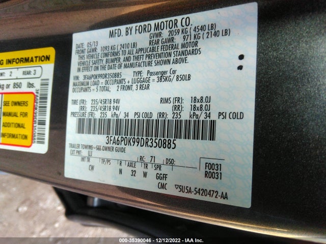 2013 FORD FUSION TITANIUM VIN: 3FA6P0K99DR350885