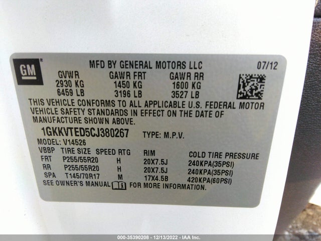 GMC Acadia Denali 2012 1GKKVTED5CJ380267 Image 10