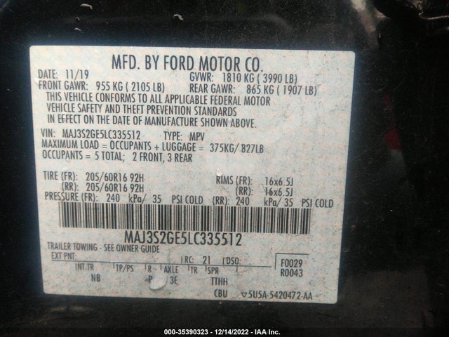2020 FORD ECOSPORT SE VIN: MAJ3S2GE5LC335512