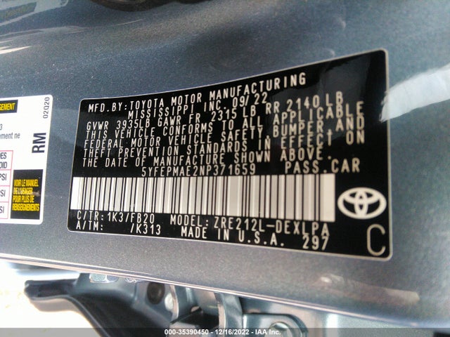 2022 TOYOTA COROLLA LE VIN: 5YFEPMAE2NP371659