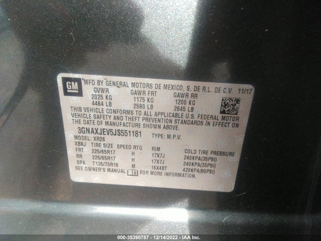 2018 CHEVROLET EQUINOX LT VIN: 3GNAXJEV5JS551181
