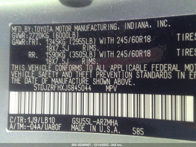 2018 Toyota Highlander, VIN: 5TDJZRFHXJS845044