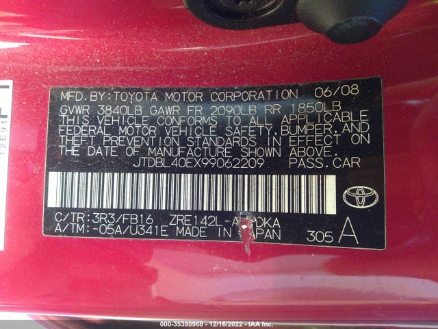 2009 TOYOTA COROLLA VIN: JTDBL40EX99062209