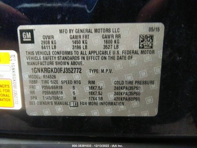 2015 Chevrolet Traverse, VIN: 1GNKRGKD0FJ352772