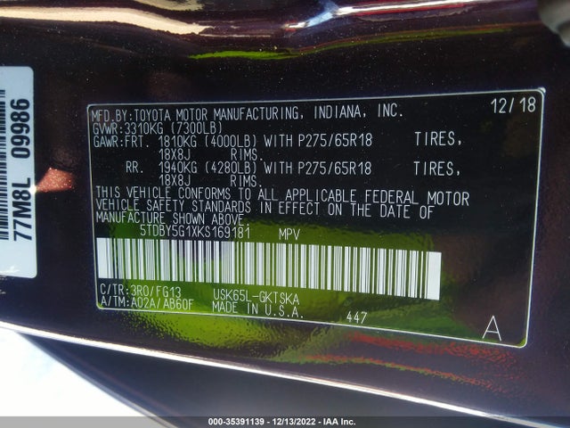 2019 Toyota Sequoia, VIN: 5TDBY5G1XKS169181