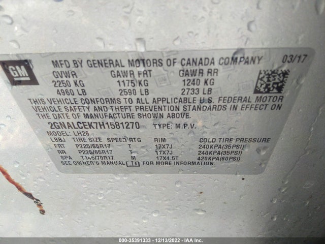 Chevrolet EQUINOX LT 2017 2GNALCEK7H1581270 Image 9