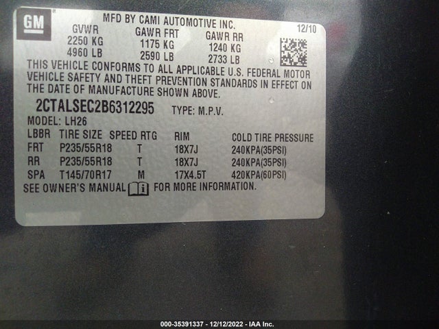 2011 GMC TERRAIN SLE-2 VIN: 2CTALSEC2B6312295