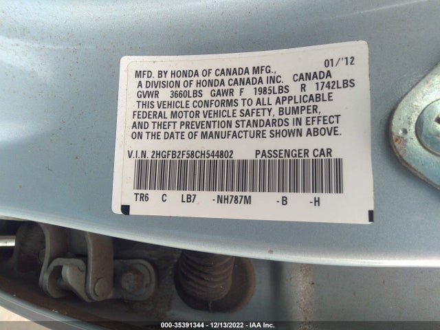 2012 HONDA CIVIC SDN LX VIN: 2HGFB2F58CH544802