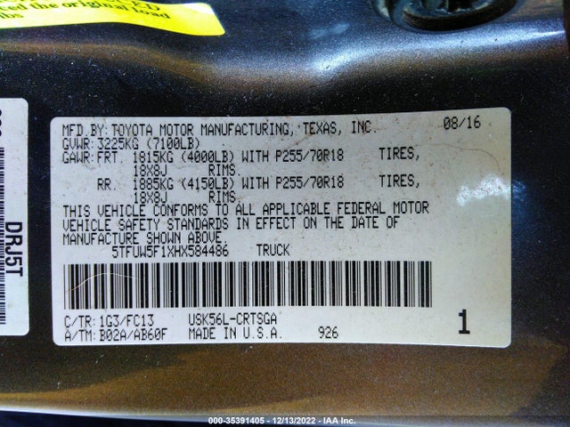 2017 Toyota Tundra, VIN: 5TFUW5F1XHX584486