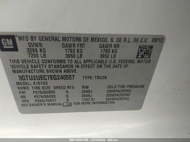 2014 GMC SIERRA 1500 SLE VIN: 3GTU2UEC7EG240557