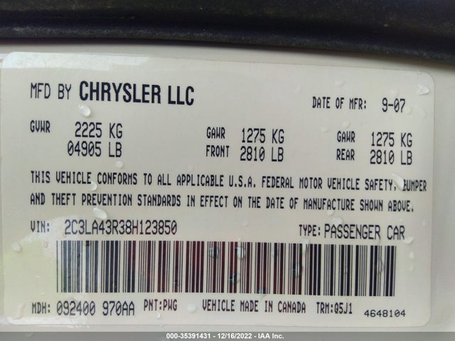 Chrysler 300 LX 2008 2C3LA43R38H123850 Image 10