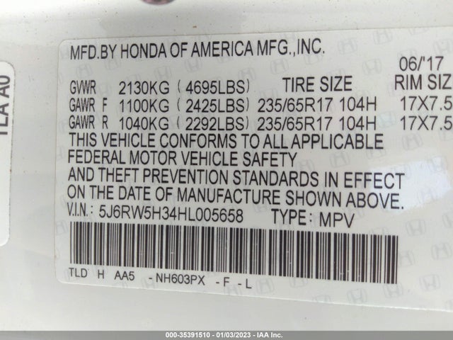 2017 HONDA CR-V LX VIN: 5J6RW5H34HL005658