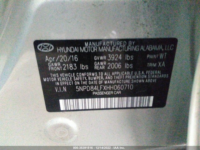 2017 HYUNDAI ELANTRA SE VIN: 5NPD84LFXHH060710