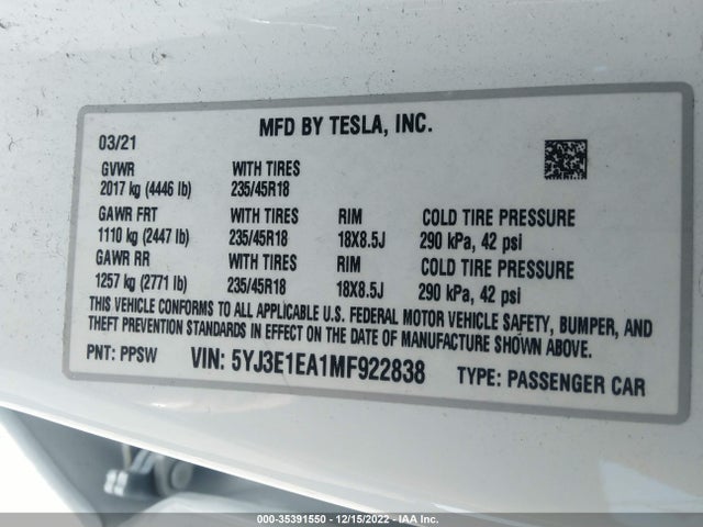 Tesla Model 3 Standard Range Plus 2021 5YJ3E1EA1MF922838 Image 9