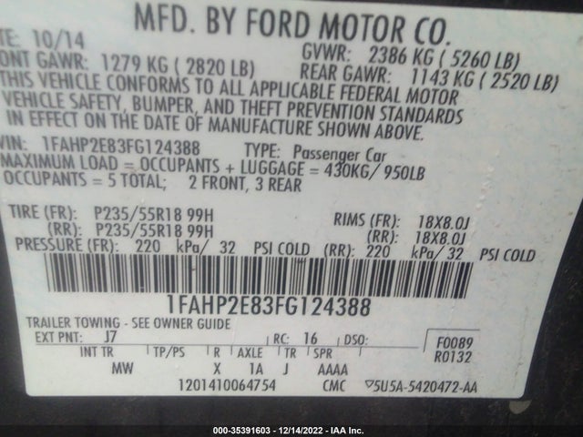 2015 FORD TAURUS SEL VIN: 1FAHP2E83FG124388